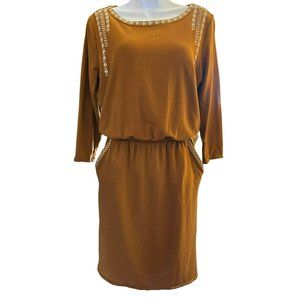 Garnet Hill Women's Brown White Embroidered Pocket-Detail Knit Dress Size Small